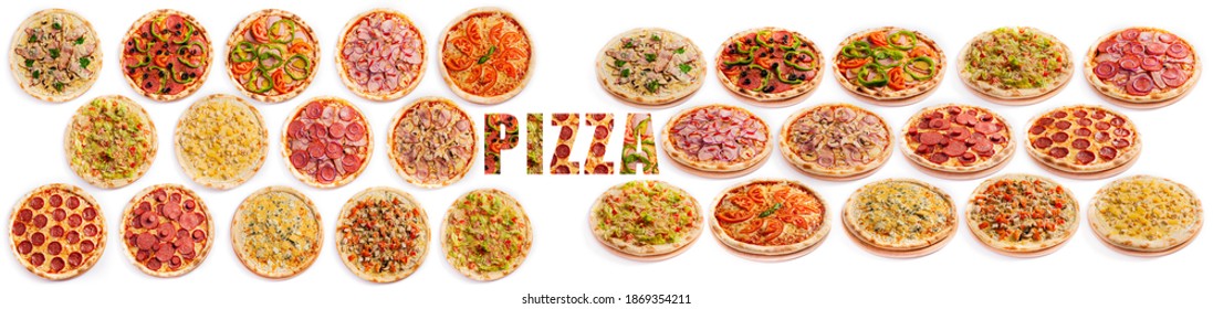 Pizza assortment collection isolated on white background. Various ingredients.
