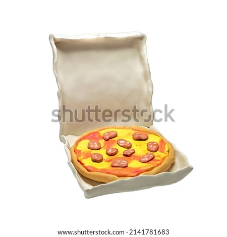 pizza in box isolated on white background. model made of plasticine
