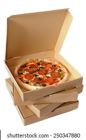 Pizza Box : Stack, Brown, Pepperoni, Isolated.