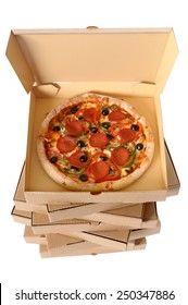 Pizza Box : Stack, Brown, Pepperoni, Isolated.  Top View.