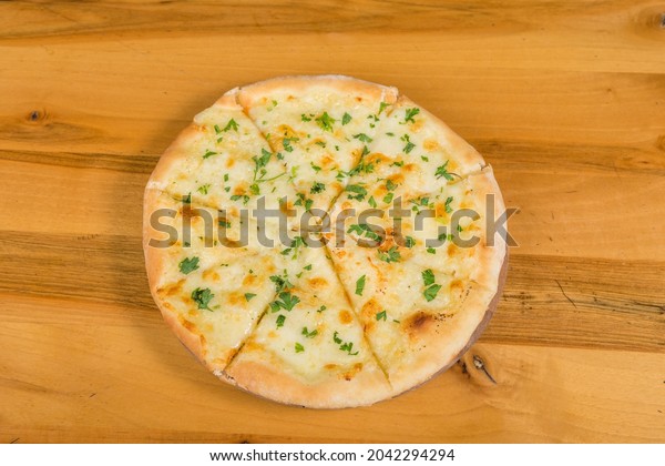 Pizza bread
slices with mozzarella and
garlic