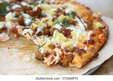 Pizza. Buffalo Chicken Pizza With Chicken Sausage And Pineapple. 