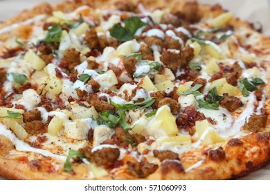 Pizza. Buffalo Chicken Pizza With Chicken Sausage And Pineapple. 