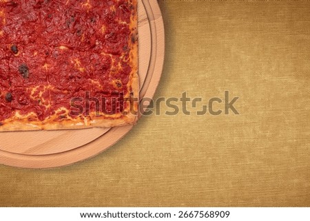Pizza by the slice in a rectangular pan, pre-portioned. Traditional food, restaurants, street food, and Mediterranean cuisine. Ideal for publishing, advertising, and food design.