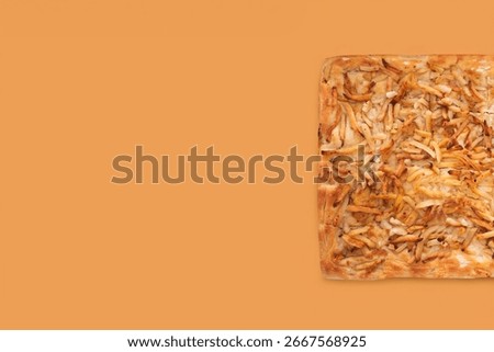 Pizza by the slice in a rectangular pan, pre-portioned. Traditional food, restaurants, street food, and Mediterranean cuisine. Ideal for publishing, advertising, and food design.
