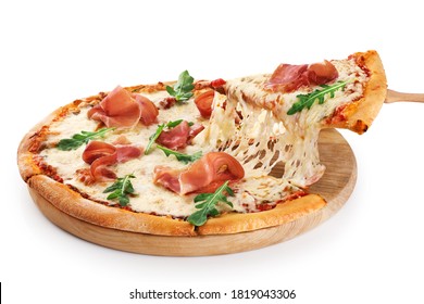 Pizza Capricciosa with parma ham isolated on white background. Take a slice of pizza with melted cheese. With clipping path.