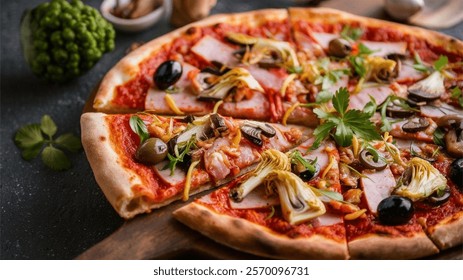 Pizza Capricciosa - Capricciosa Pizza: A pizza topped with a variety of ingredients like ham, mushrooms, artichokes, and olives. A perfect combination of savory flavors for pizza lovers.