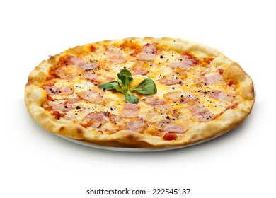 Pizza Carbonara with Bacon and Yolk of Chicken Egg