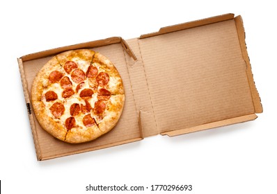 Pizza in a cardboard box isolated on white background. Top view of pizza package. - Powered by Shutterstock