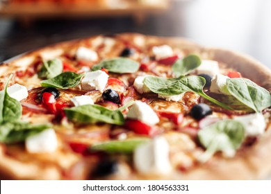 Pizza With With Cheese, Olives And Herbs. Cafe, Pizzeria And Restaurant Menu.