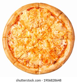 Pizza With Cheese Top View Isolated In White Background.