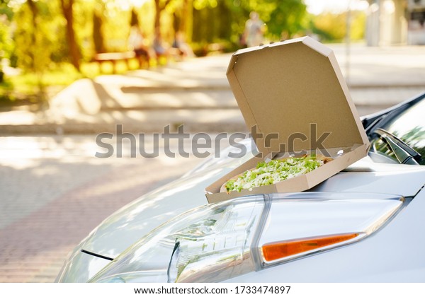 Pizza
closeup on the eco car. Safe delivery of pizza with green salad,
tomatoes, cheese. Advertise in social network for restaurant
delivery. Ecological delivering by electric
car