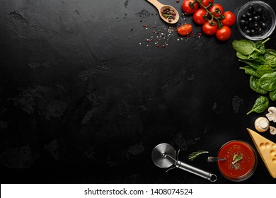 Pizza Cooking Ingredients On Black Background With Empty Space For Recipe - Powered by Shutterstock