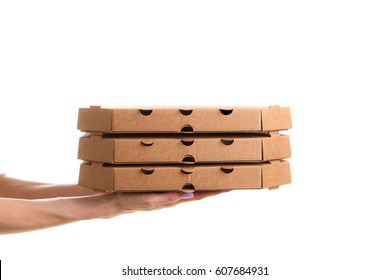 Pizza Delivery, Pizza Box With Hand, Isolated On White Background