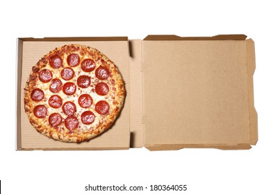 Pizza in delivery box on white background
