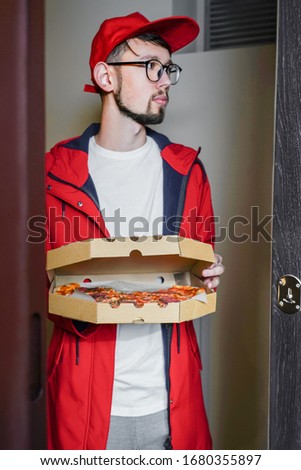 Pizza Delivery Courier at home. Pizza with you fast food                                              