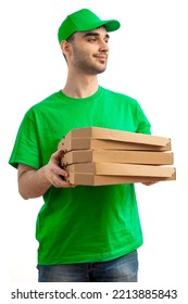 Pizza Delivery Driver With Pizza Box. Courier In Uniform Cap And T-shirt Service Fast Delivering Orders. Young Man Holding A Cardboard Package. Character On Isolated White Background.