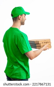 Pizza Delivery Driver With Pizza Box. Courier In Uniform Cap And T-shirt Service Fast Delivering Orders. Young Man Holding A Cardboard Package. Character On Isolated White Background.