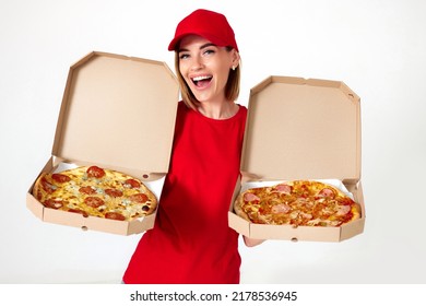 Pizza Delivery Girl Showing Pizza Inside Boxes