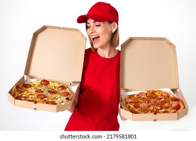 Pizza Delivery Girl Showing Pizza Inside Boxes