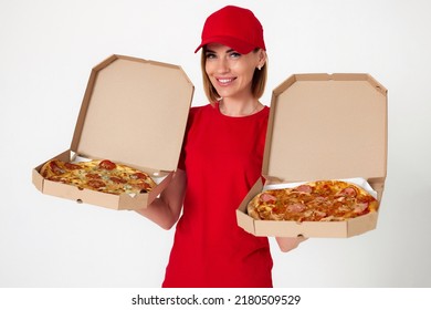 Pizza Delivery Girl Showing Pizza Inside Boxes