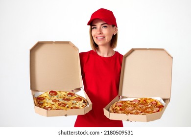 Pizza Delivery Girl Showing Pizza Inside Boxes