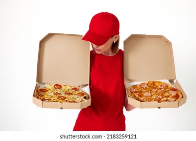 Pizza Delivery Girl Showing Pizza Inside Boxes