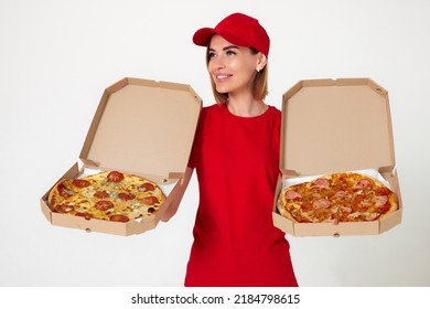 Pizza Delivery Girl Showing Pizza Inside Boxes