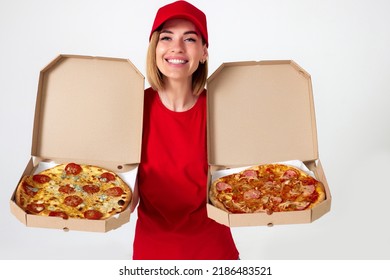 Pizza Delivery Girl Showing Pizza Inside Boxes