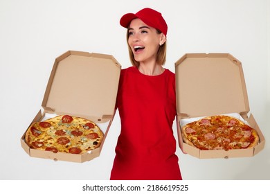 Pizza Delivery Girl Showing Pizza Inside Boxes