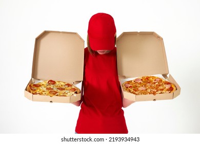 Pizza Delivery Girl Showing Pizza Inside Boxes