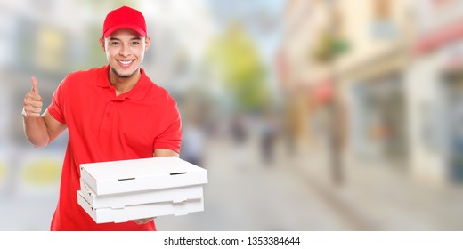 Pizza Delivery Man Boy Order Delivering Job Deliver Success Successful Smiling Town Banner Copyspace Copy Space City