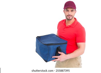 Pizza Delivery Man Holding Bag On White Background