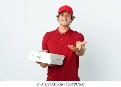 Pizza Delivery Man Over Isolated White Background Shaking Hands For Closing A Good Deal