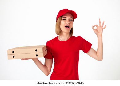 Pizza Delivery Woman With Pizza Boxes Showing Thumbs Up