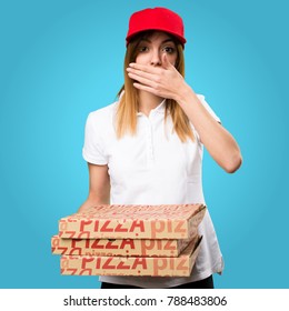 Pizza Delivery Woman Covering Her Mouth On Colorful Background