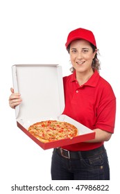 A Pizza Delivery Woman Holding A Hot Pizza. Isolated On White