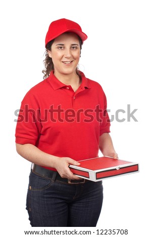 A pizza delivery woman holding a hot pizza. Isolated on white