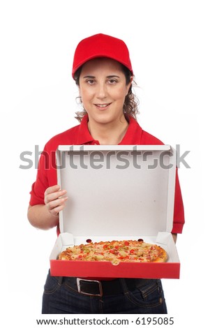 A pizza delivery woman holding a hot pizza. Isolated on white