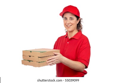 A Pizza Delivery Woman Holding Three Boxes. Isolated On White