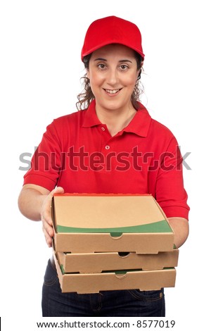 A pizza delivery woman holding three boxes. Isolated on white