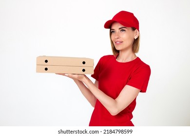 Pizza Delivery Woman In Uniform Holding Pizza Boxes