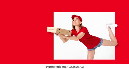 Pizza Delivery Woman In Uniform Holding Pizza Boxes