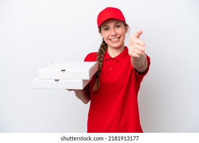 Pizza Delivery Woman With Work Uniform Picking Up Pizza Boxes Isolated On White Background Shaking Hands For Closing A Good Deal