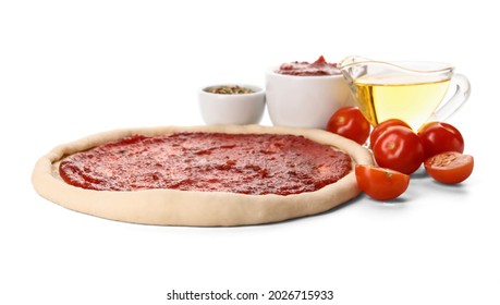 Pizza Dough With Tasty Tomato Sauce, Oil And Spices On White Background