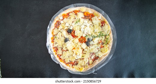 Pizza Frozen Food Packaging Film Cellophane Defrost Fresh Meal Food Snack On The Table Copy Space Food Background 