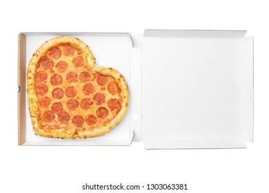 Pizza Heart Shape Top View In Cardboard Box For Delivery Valentine Day With Copy Space Isolated On White Background. View From Above. Valentin Day Concept