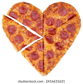 Pizza. Heart Pizza. Heart shaped pizza. Happy St. Valentine's day. Love symbol. Classic thin crust pizza with mozzarella cheese and pepperoni. American and Italian fast food. Isolated background - Powered by Shutterstock