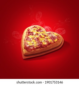 Pizza heart shaped and  on red background . Concept of romantic love for Valentines Day . 