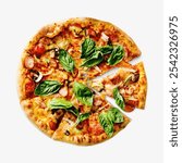 Pizza image, food photo on white. Food top view pizza photography isolated on white background. Image of Italian pizza food collage element, design element. Top view flat lay pizza.